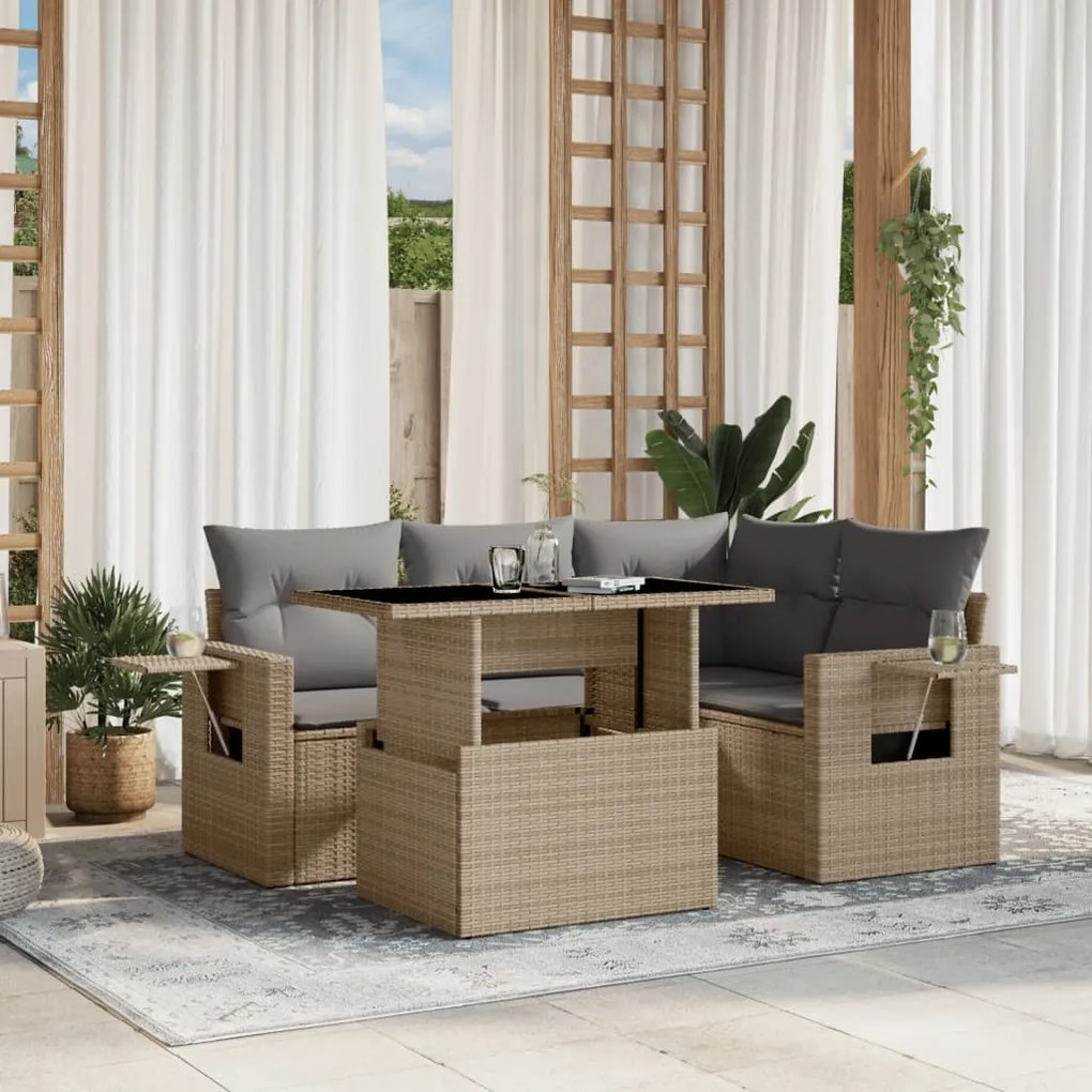 5 pcs conjunto de sofás p/ jardim com almofadões vime PE bege