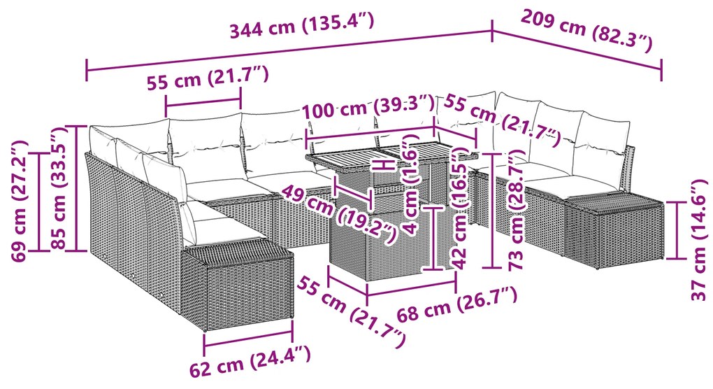 Conjunto de Jantar de Jardim com 11 Peças e Almofadas em Rattan Preto