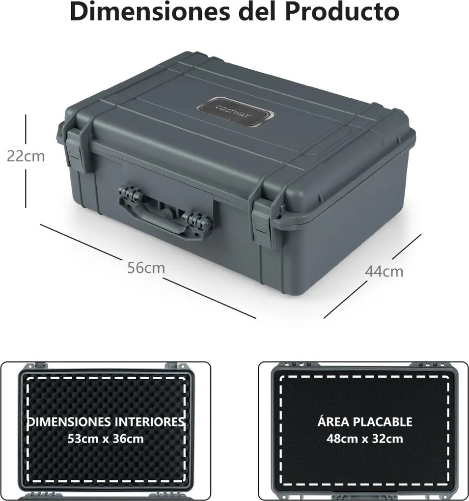 Caixa rígida impermeável portátil com inserção de espuma personalizável para ferramentas 56 x 44 x 22 cm Cinza