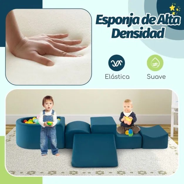 Conjunto de escalada e rampa de 5 peças para crianças Blocos de construção de esponja com piscina de bolas (NÃO INCLUIDAS) Capa lavável Criativo Azul