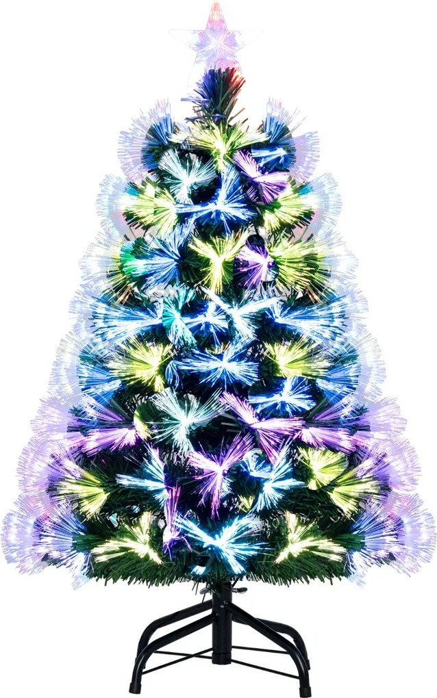 Árvore de Natal de fibra ótica de 95 cm artificial pré-iluminada com 93 pontas de ramos, estrela e suporte metálico verde