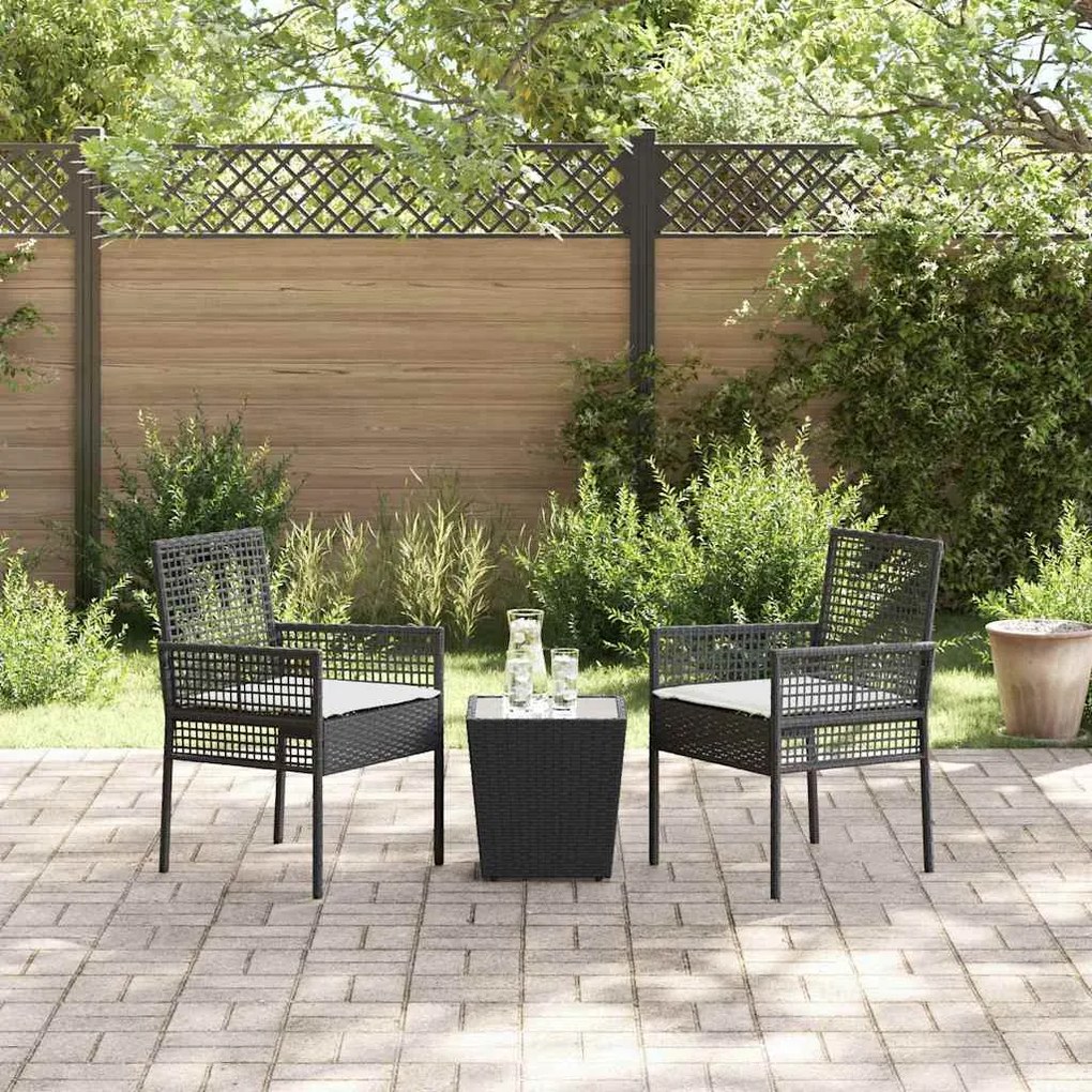 Conjunto de Bistro de Jardim 3 Peças com Almofadas Preto Rattan Sintét