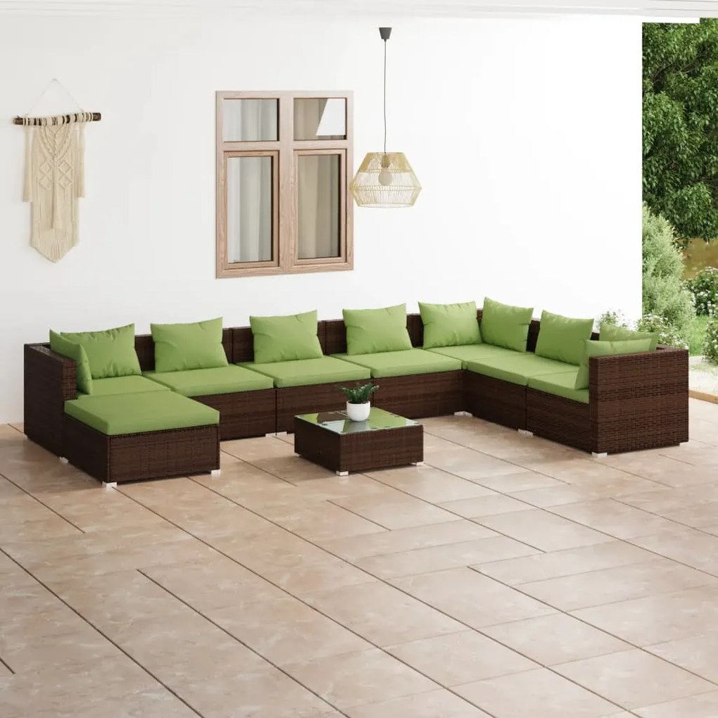 vidaXL 9 pcs conjunto lounge jardim c/ almofadões vime PE castanho