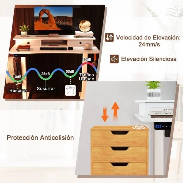 Secretária elétrica com pé 100 x 60 cm com 2 gavetas, altura ajustável e suporte para monitor Branca