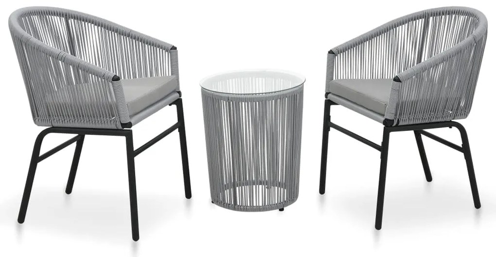 3 pcs conjunto de bistrô com almofadões vime PE cinzento