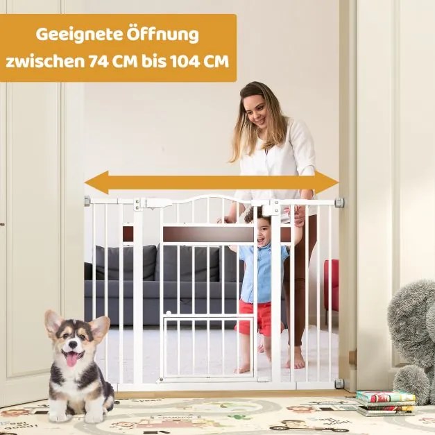 Grelha de proteção para cães ou bebes 74-104 cm x 76 cm, para porta sem perfuração, grelha de proteção com porta pequena, branca.