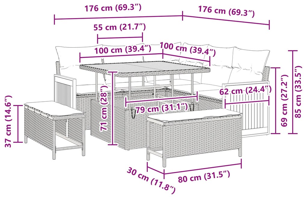 Conjunto de Sofá de Jardim de 8 Peças com Almofadas em Rattan Poliéste