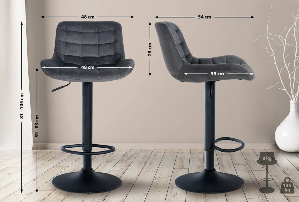 Conjunto de 2 bancos de bar Tover em veludo com estrutura preta 48 x 81-105 x 54 cm Cinzento escuro