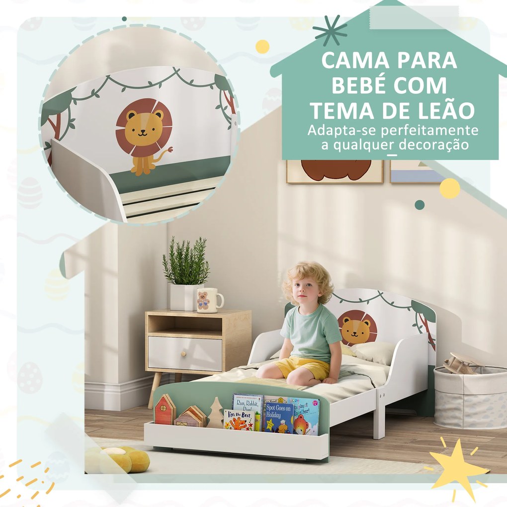 Cama Infantil para Crianças +3 Anos 70x140 cm em Madeira (Colchão não incluído) com Armazenamento e Desenho de Leão para Quarto Verde