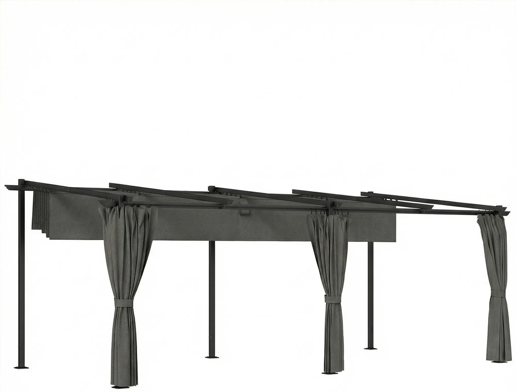 Outsunny Pergola retrátil com cortinas laterais, tenda de jardim em metal com proteção solar UPF30+, cinza escuro | Aosom Portugal