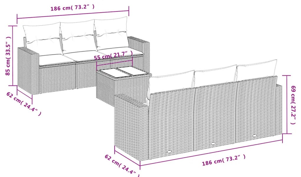 7 pcs conjunto sofás p/ jardim c/ almofadões vime PE cinzento