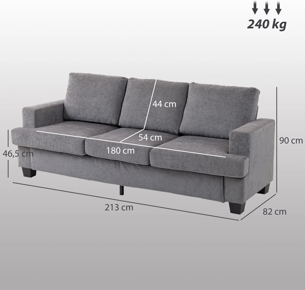Sofá de 3 Lugares Sofá Sala de Estar 213x80x90 cm Estofado em Chenille Estrutura de Aço e Desenho Moderno Cinzento