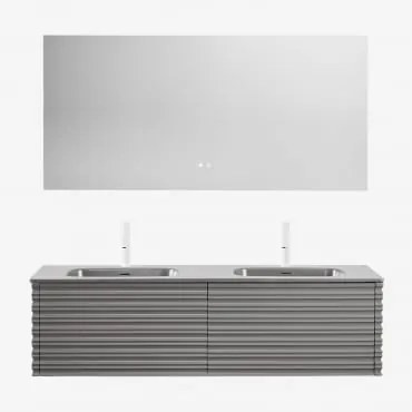 Conjunto De Móvel De Casa De Banho Suspenso Em Madeira Com Lavatórios Integrados Noura Cinza Níquel & Retangular Led E - Sklum