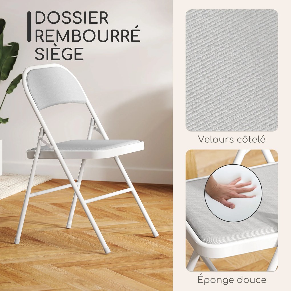 Conjunto de 4 cadeiras dobráveis (MESA NÃO INCLUIDA), cadeiras de jantar portáteis, estrutura em aço, 45 x 46 x 78 cm, branco
