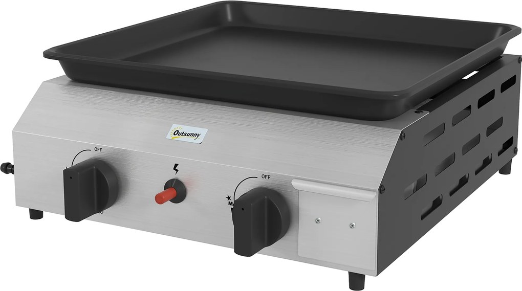 Grelhador a gás em aço inoxidável esmaltado, com 2 queimadores de 4,8 kW, antiaderente, ampla superfície de cozedura de 40 L x 34 L cm, transportável