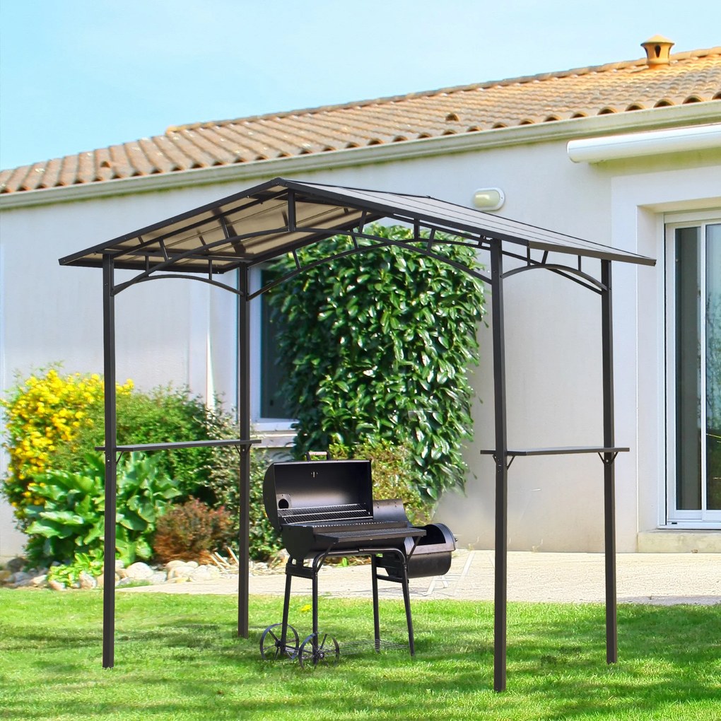 Tenda de jardim 2,5 x 1,5 m para churrasqueira (NÃO INCLUIDA) com 2 prateleiras estrutura em metal preto e cobertura em policarbonato