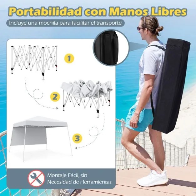Tenda 300 x 300 cm Pop Up Dobrável com 1 Parede Lateral Com Saco, jardim, campismo, feiras, eventos com Estrutura Metálica Branca