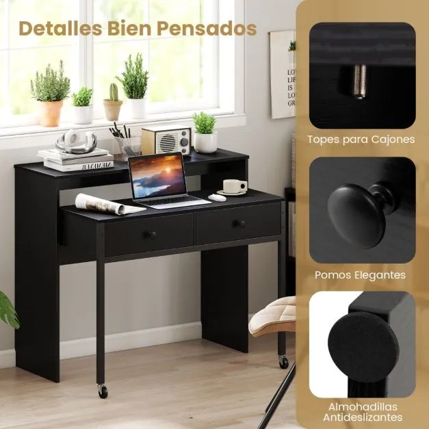 Secretária extensível, mesa pequena para computador com 2 gavetas e rodas 100 x 63 x 88 cm Preta