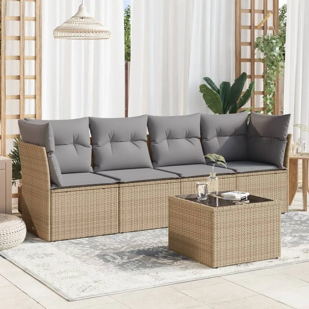 5 pcs conjunto de sofás p/ jardim com almofadões vime PE bege