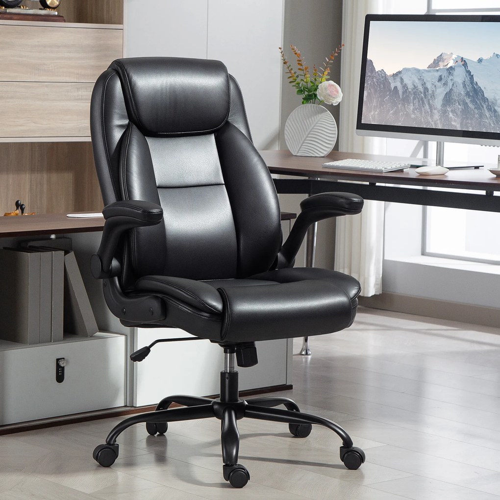 Cadeira de escritório com braços rebatíveis, cadeira de escritório ergonómica, altura ajustável, função de balanço, preta
