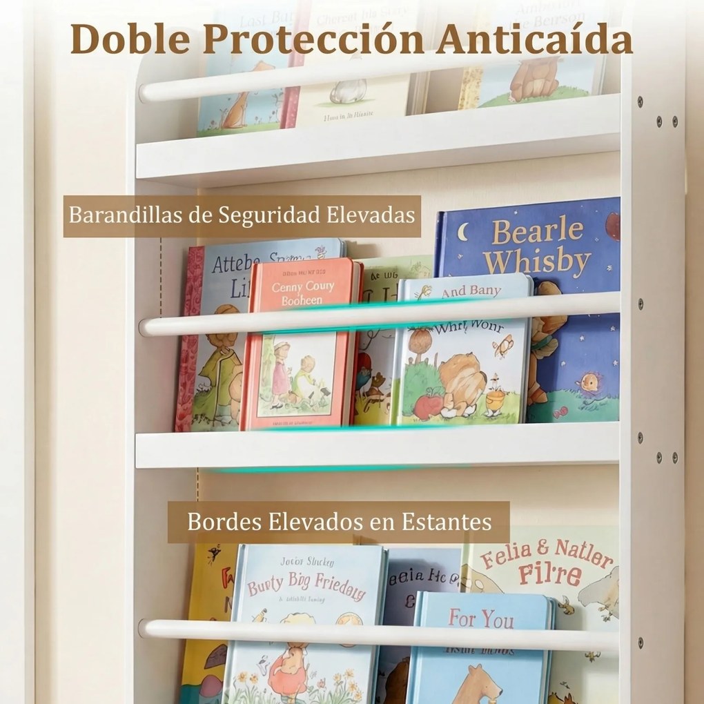 Estante infantil de parede com 4 níveis 56 x 12 x 107 cm, prateleiras abertas, barras de segurança e bordas elevadas para quarto infantil ou sala de a