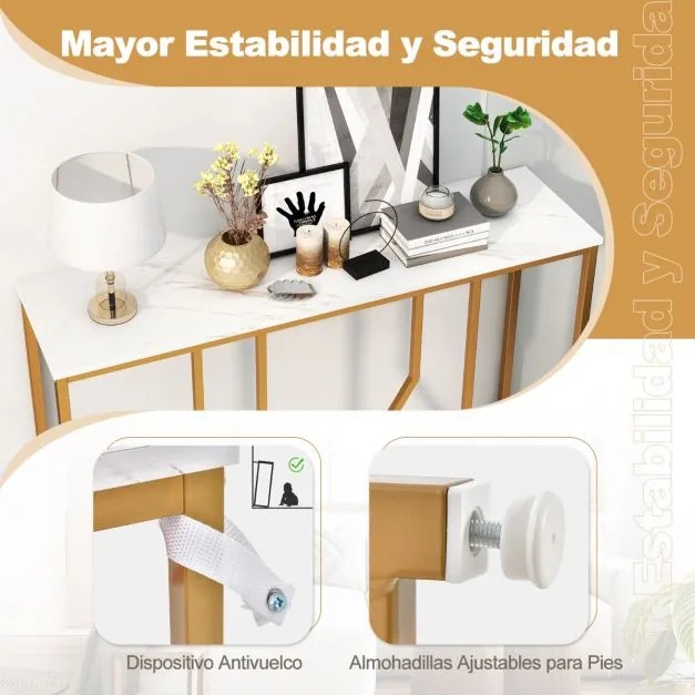 Mesa consola moderna em metal Dourado com tampo em mármore artificial para corredor de sala de estar 110 x 30 x 80 cm Branco e Dourada