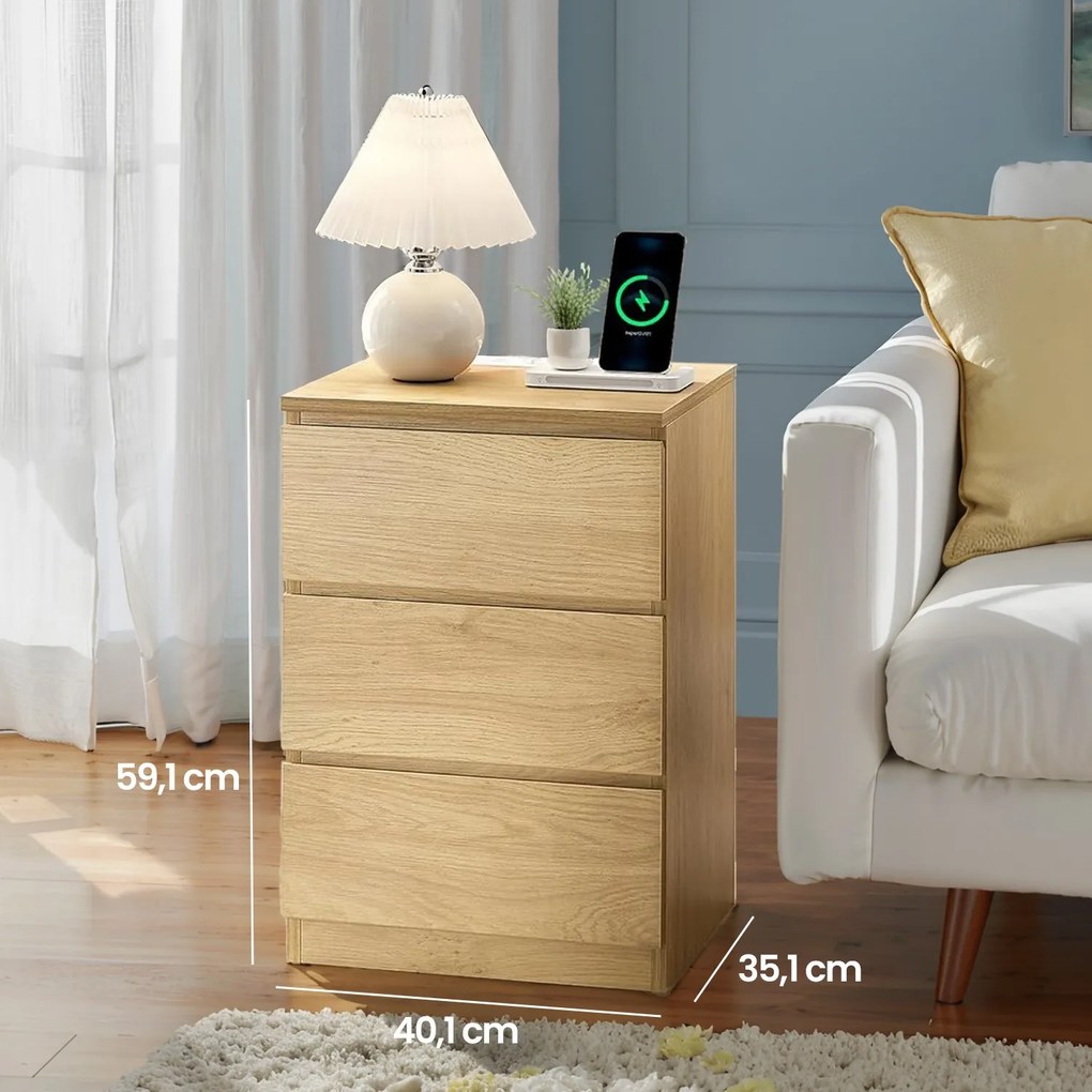 Mesa de cabeceira moderna com 2 tomadas e 2 portas USB com 3 gavetas 35 x 40 x 59 cm em amarelo palha