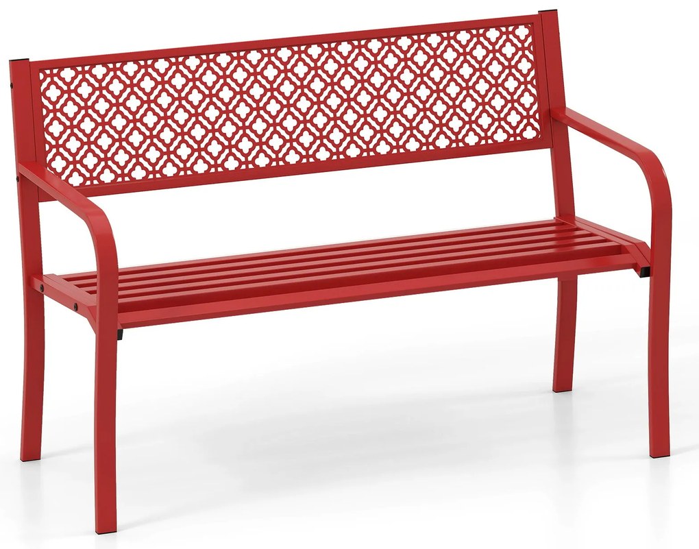 Sofá de pátio de metal de 128 cm, banco resistente para 2 a 3 pessoas, com apoios de braços curvos e encosto clássico, assento estilo parque, preto