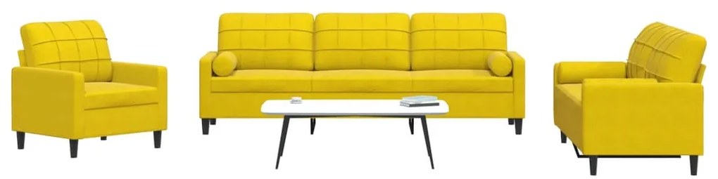 3 pcs conjunto de sofás com almofadões e rolos veludo amarelo