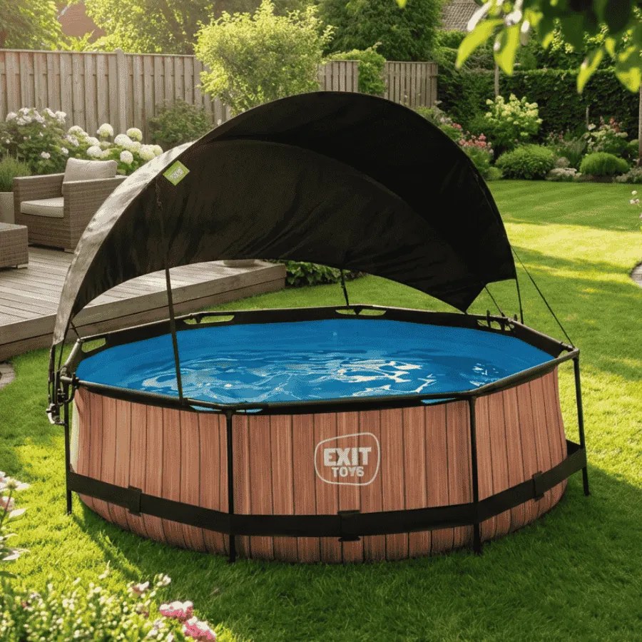 Piscina redonda Wood ø300x76cm com bomba de filtragem e cobertura - Castanha