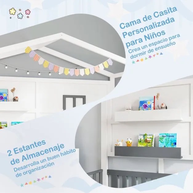 Estrutura cama de criança com prateleiras Grades para janelas e vedação Ripas de madeira 206 x 97 x 192 cm Branco e cinzento