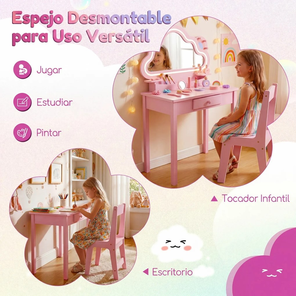 Conjunto de Toucador Infantil e Cadeira, 59 x 35 x 103,5 cm, Espelho em Forma de Nuvem com LED, Rosa