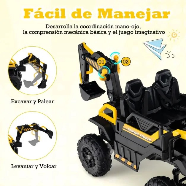 Escavadora elétrica 24 V, 4x4, para crianças com comando à distância, música, luzes, braço de escavação amarela
