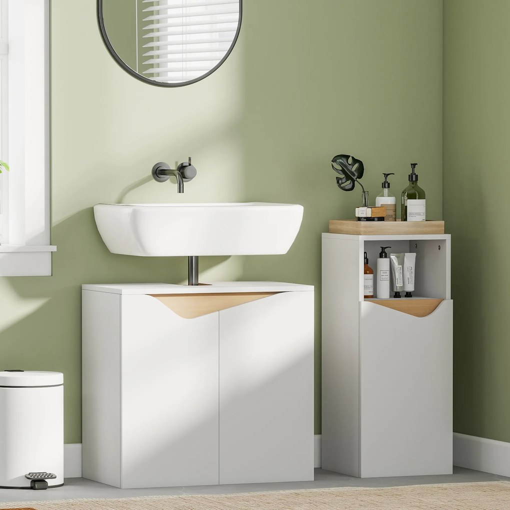 Móvel para lavatório (NÃO INCLUIDO), móvel de casa de banho com 2 portas com fecho suave, 60 x 35 x 57,9 cm, branco e madeira natural