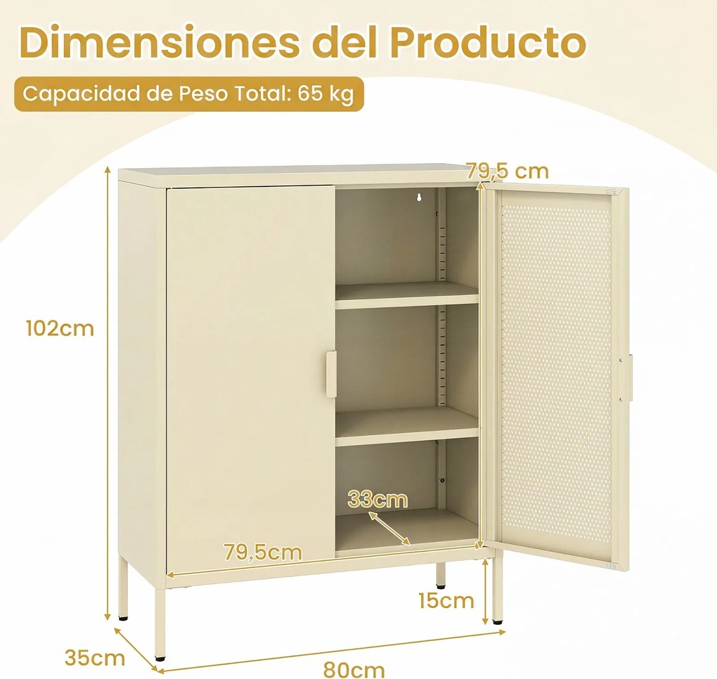 Aparador com 2 Portas, 80 x 35 x 102 cm, Prateleiras Ajustáveis, Amarelo