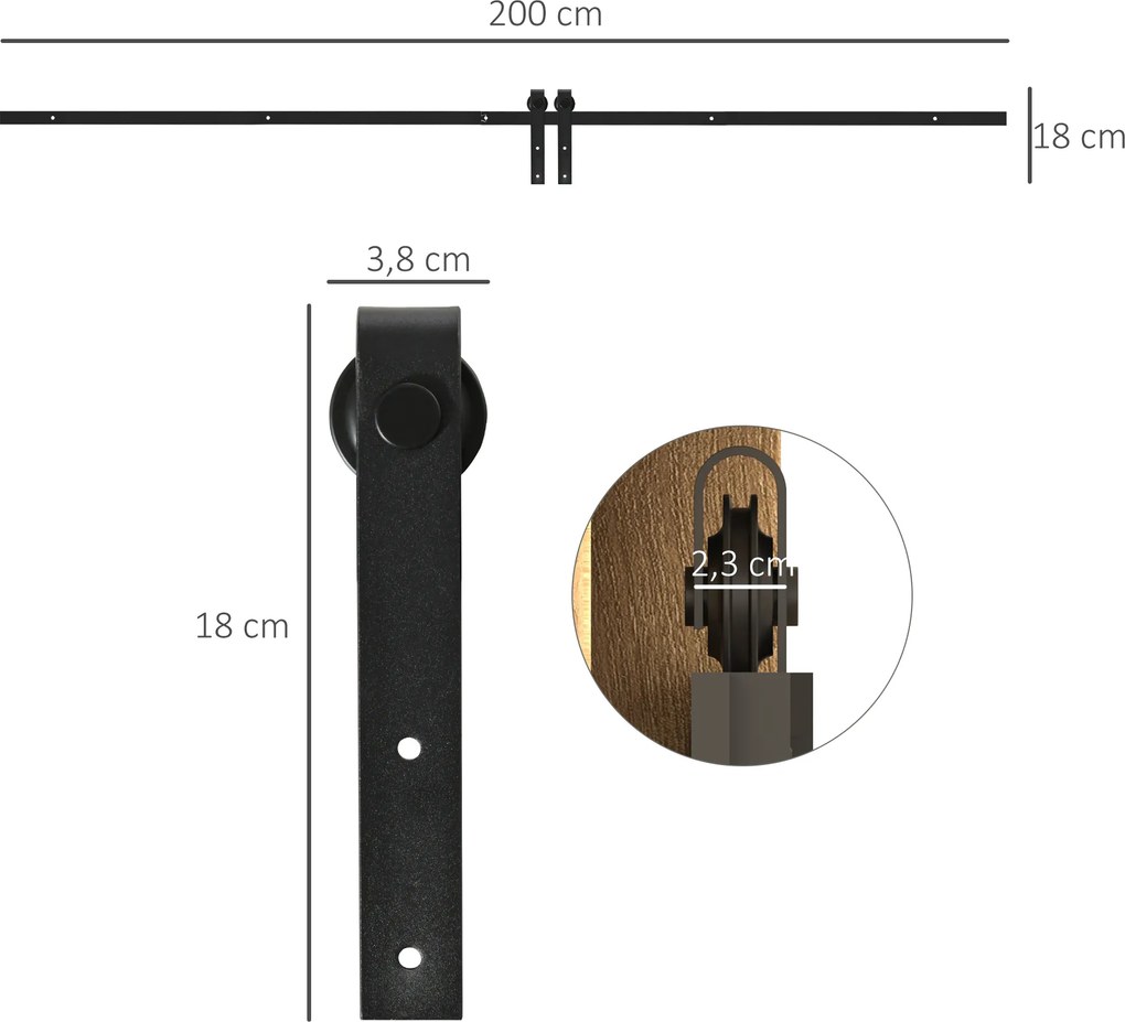 Ferragens para Porta Corredeira 200cm (MÓVEL NÃO INCLUIDO) Kit de Acessórios para Porta Corredeira de Madeira com 2 Trilhos de Aço Carga Máxima 20 kg