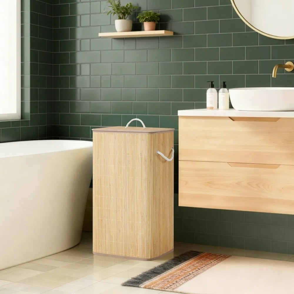 Cesto da roupa suja com tampa, 90 L, 40 x 32 x 70 cm cesto de bambu natural