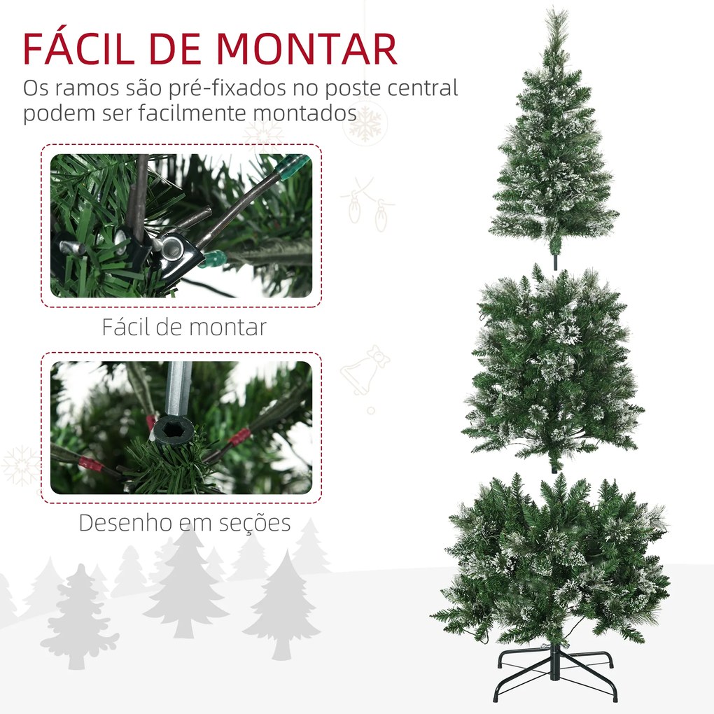 HOMCOM Árvore de Natal Artificial 180 cm com 240 Luzes LED Árvore de Natal com 618 Ramos Suporte de Aço e Formato Slim para Interior Ø68x180 cm Verde