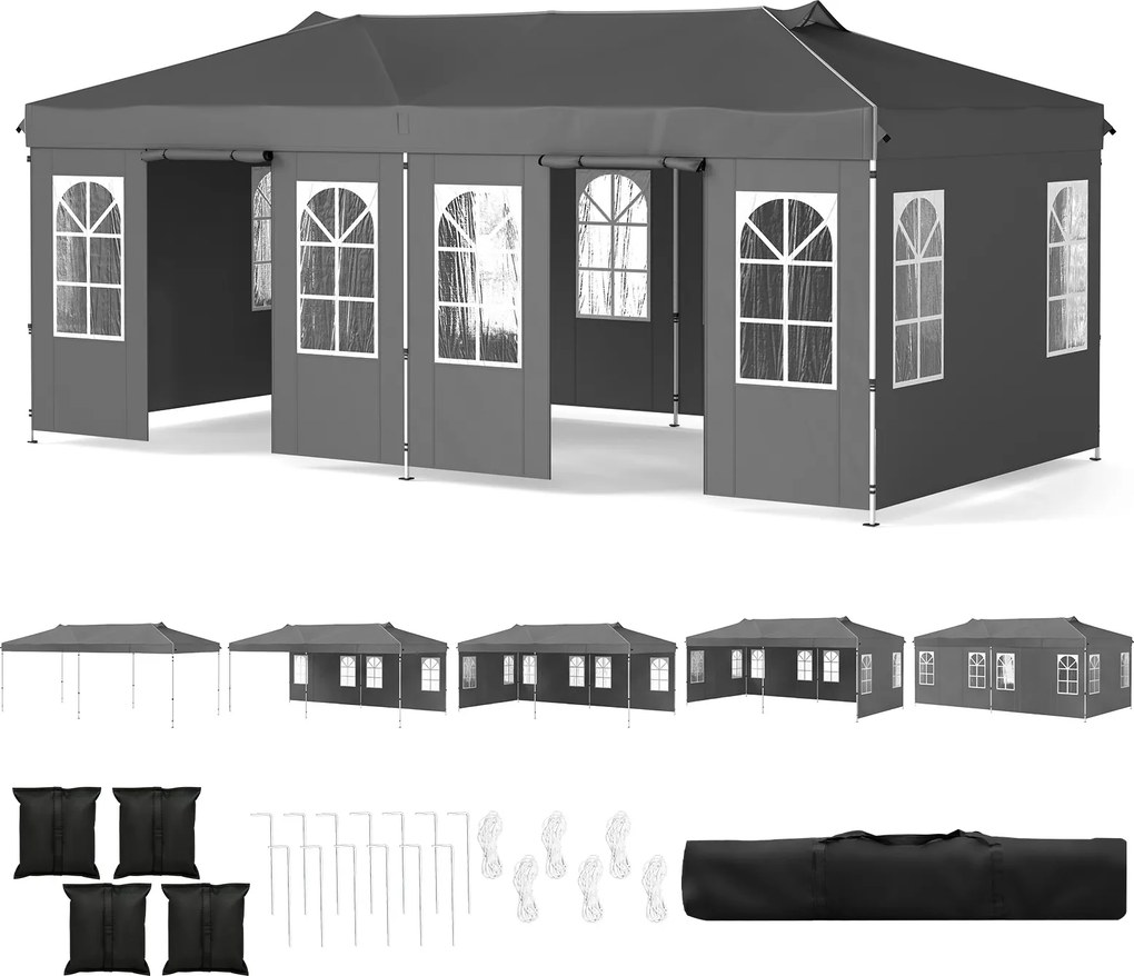 Tenda Dobrável para Exterior, 600 x 300 cm, 3 Alturas Ajustáveis, Cinzenta
