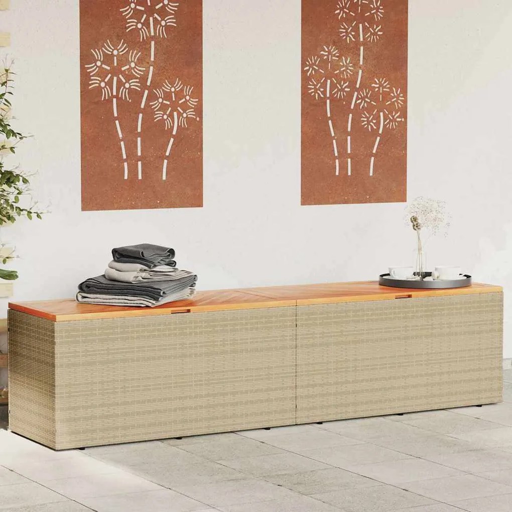 vidaXL Caixa arrumação jardim 220x50x54 cm vime PE/acácia maciça bege