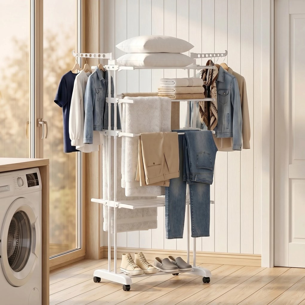 Estendal de roupa dobrável de 5 níveis com Rodas, estendal de roupa para interior com abas laterais, estrutura em aço, branco