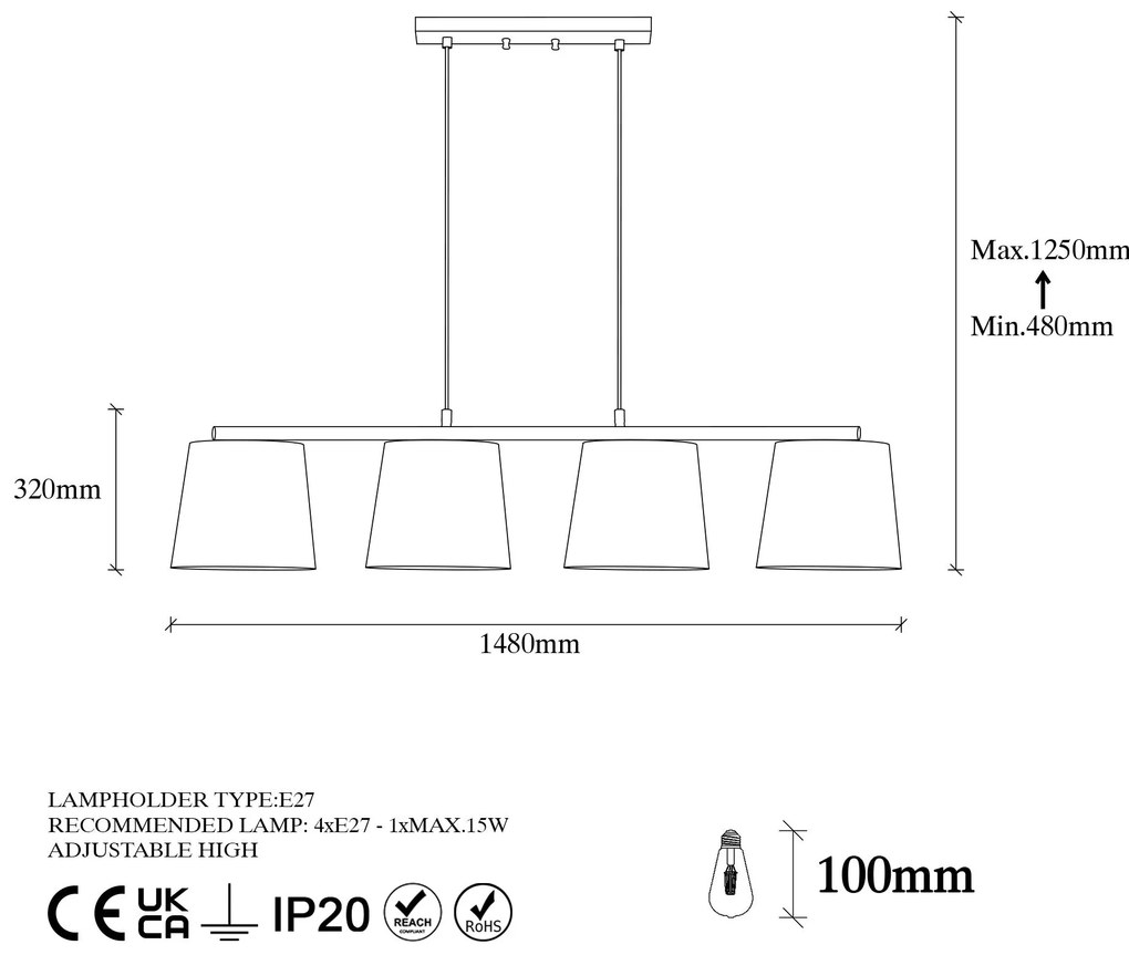 Chandelier Varlik – Dourado Brilhante – 148 x 25 cm