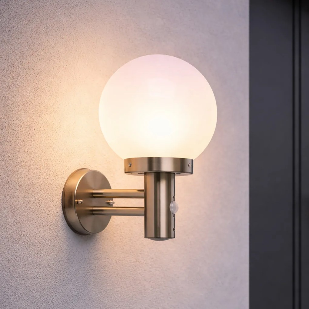 Candeeiro de Parede Exterior Aço Inoxidável IP44 com Sensor de Movimento e Globo de Plástico - Sfera