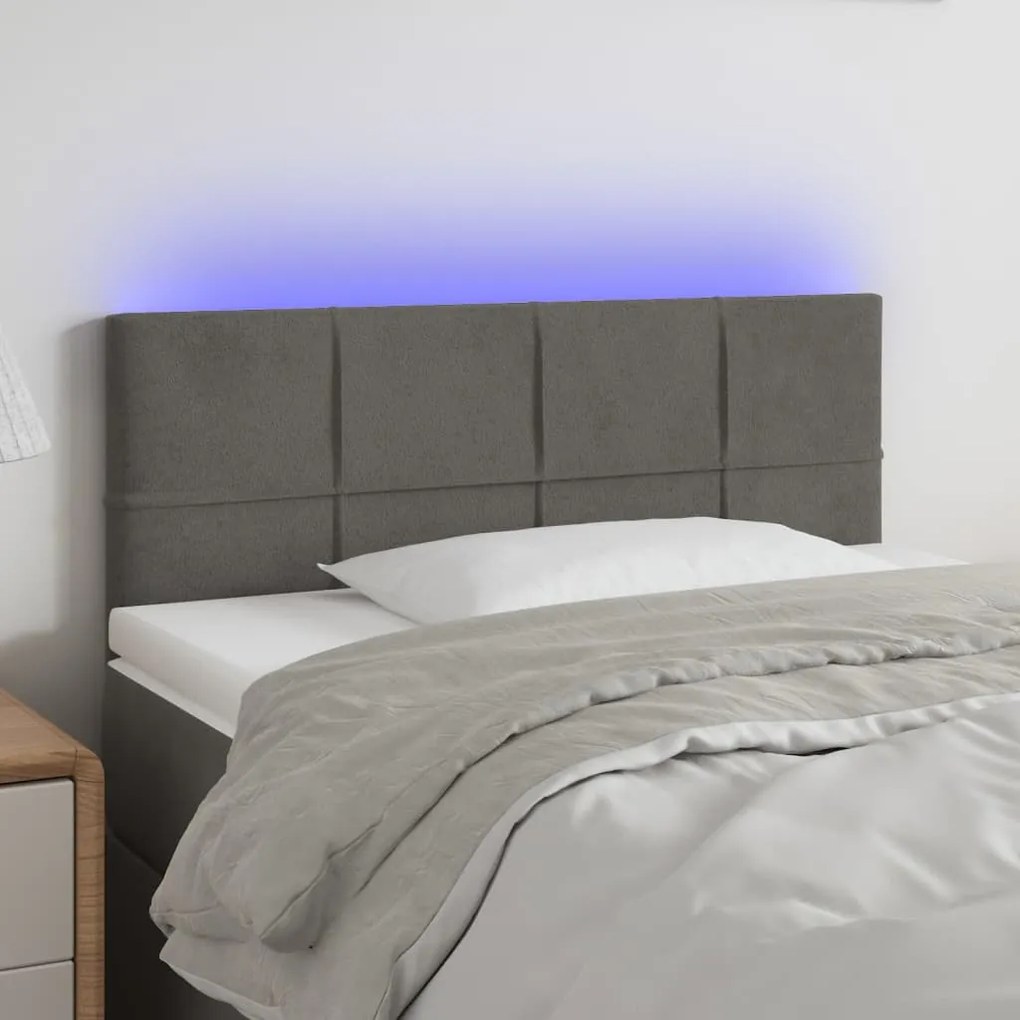 Cabeceira de cama c/luzes LED veludo 100x5x78/88cm cinza-escuro