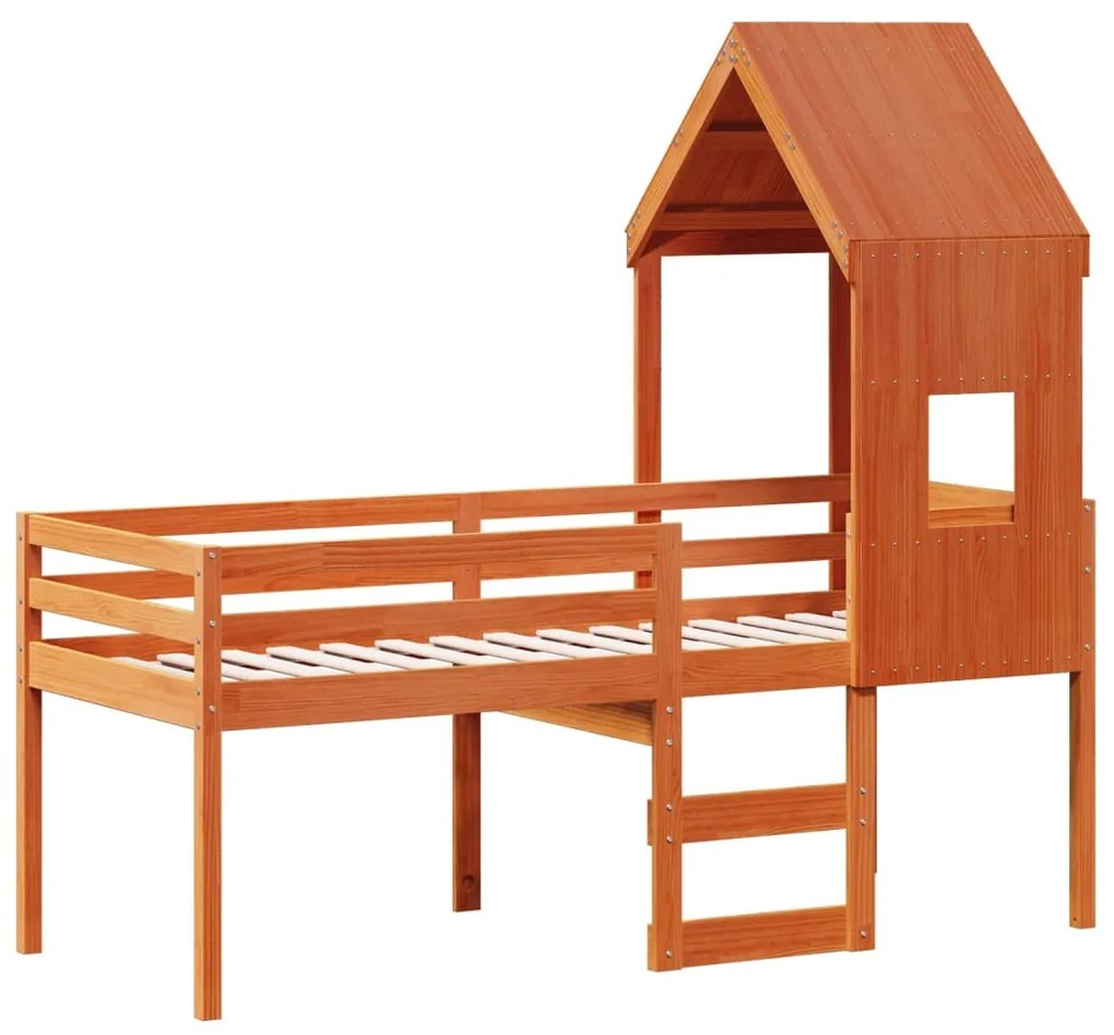 Cama alta com telhado 90x200 cm pinho maciço castanho-mel