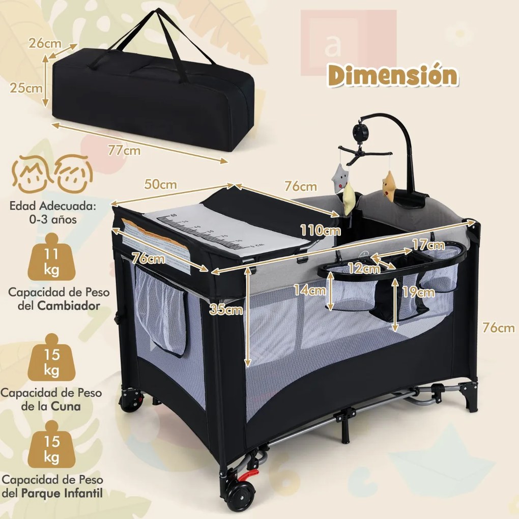 Berço 6 em 1 com mesa para trocar fraldas, colchão e bolsa de transporte para bebés desde o nascimento até 15 kg 110 x 76 x 76 cm Bordas cinza claro