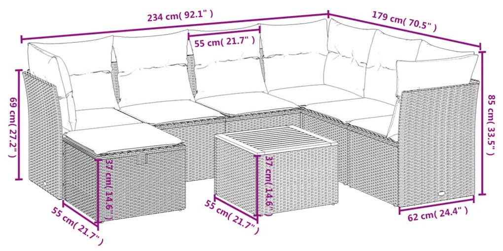 8 pcs conjunto sofás de jardim com almofadões vime PE preto