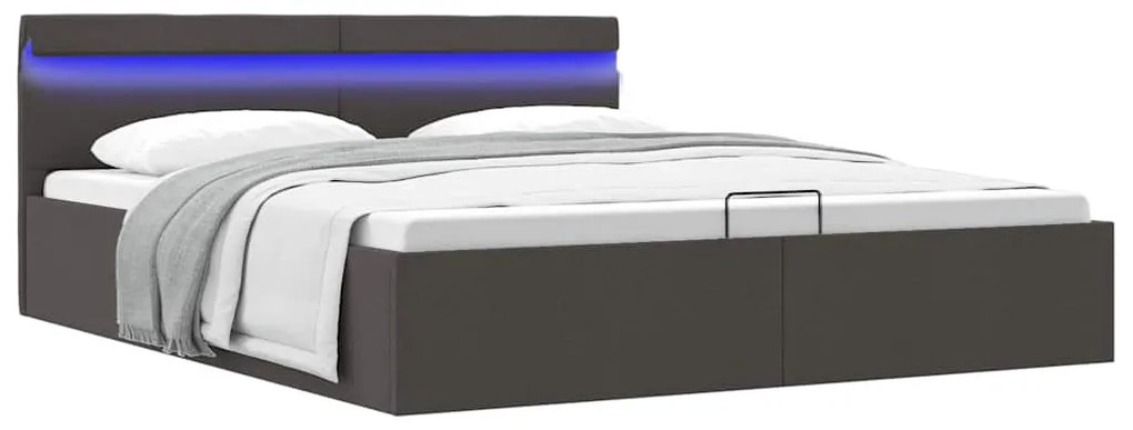 Cama hidráulica c/ arrumação LED 160x200cm tecido cinza-escuro