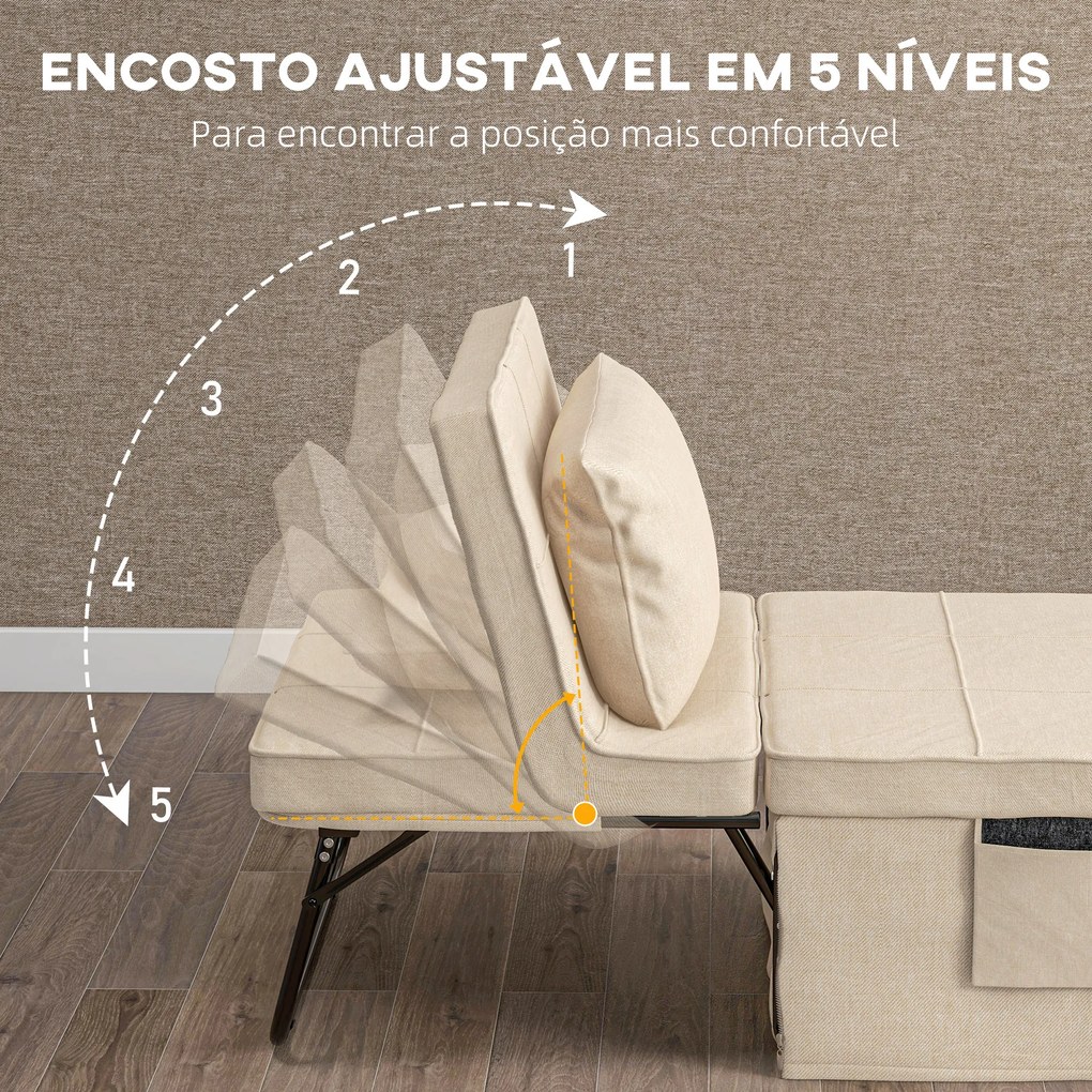 Sofá Cama 4 em 1 Estofado em Linho com Encosto Ajustável em 5 Níveis e Almofada Acolchoada 75x80x74 cm Creme