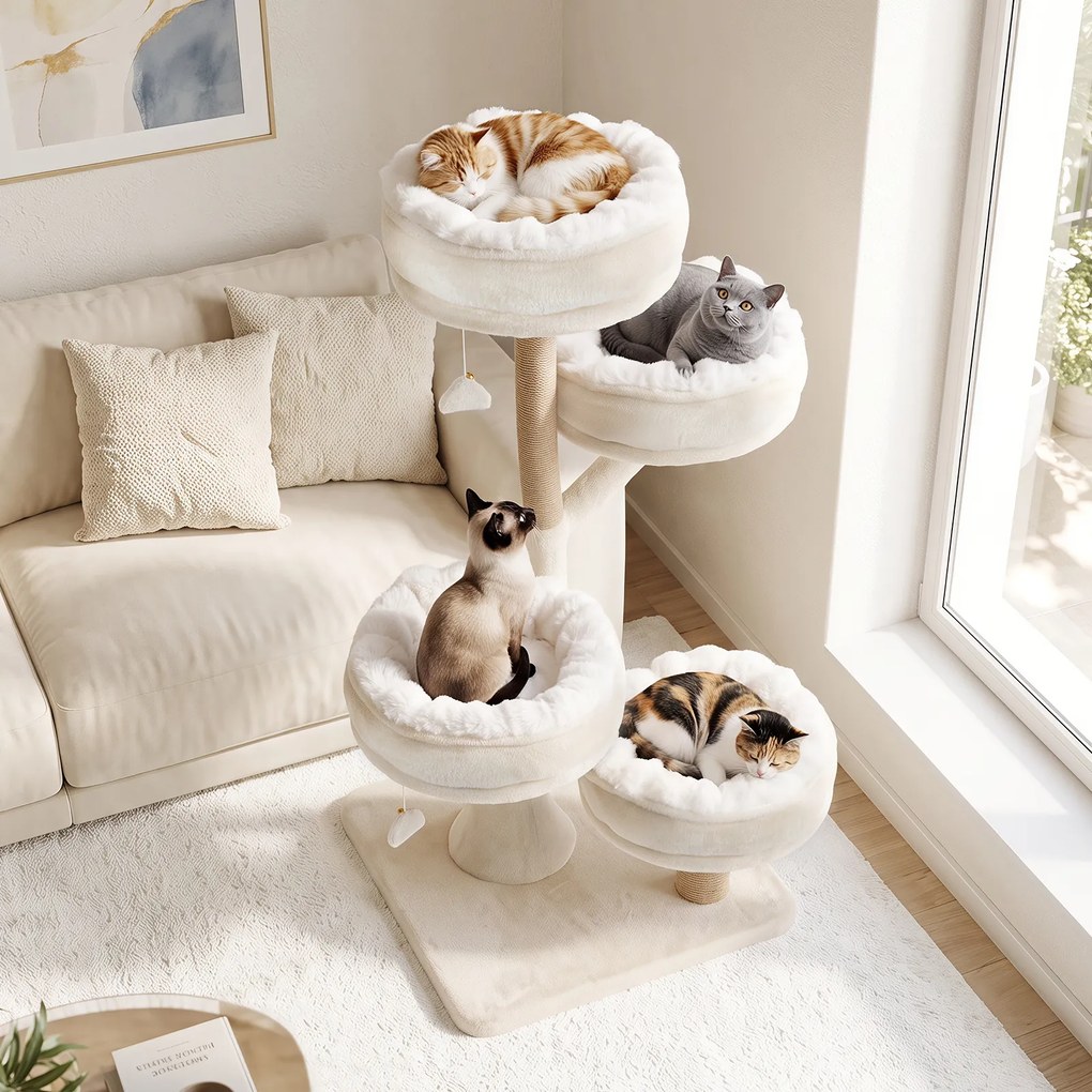 Árvore para Gatos, 58,5 x 58,5 x 132 cm, 4 Plataformas Removíveis, Branco